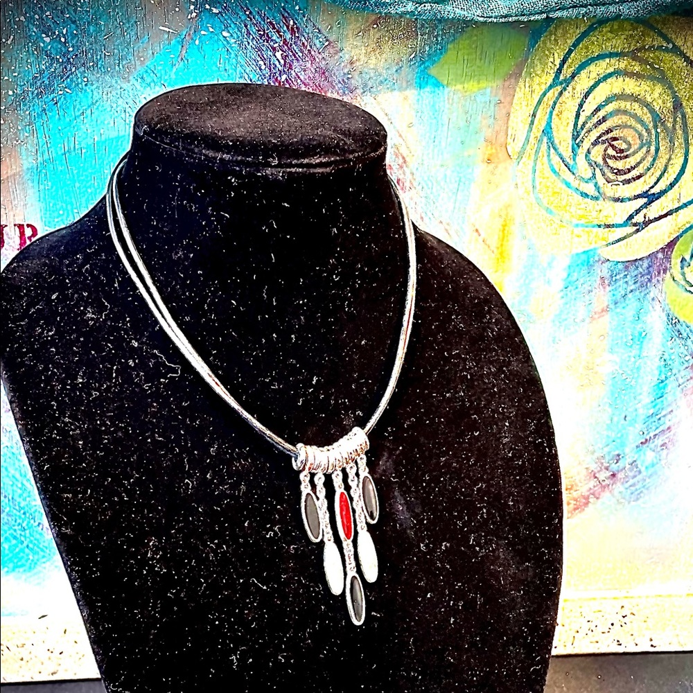 Leather and Contemporary Design Necklace on Cascading chains w/ Oval Metal Disks